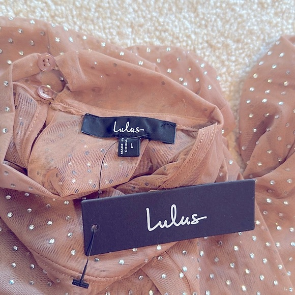 Lulus Glitter Sheer Mesh Rhinestone Long Sleeve Top Beige Womens Size Large - Picture 13 of 14